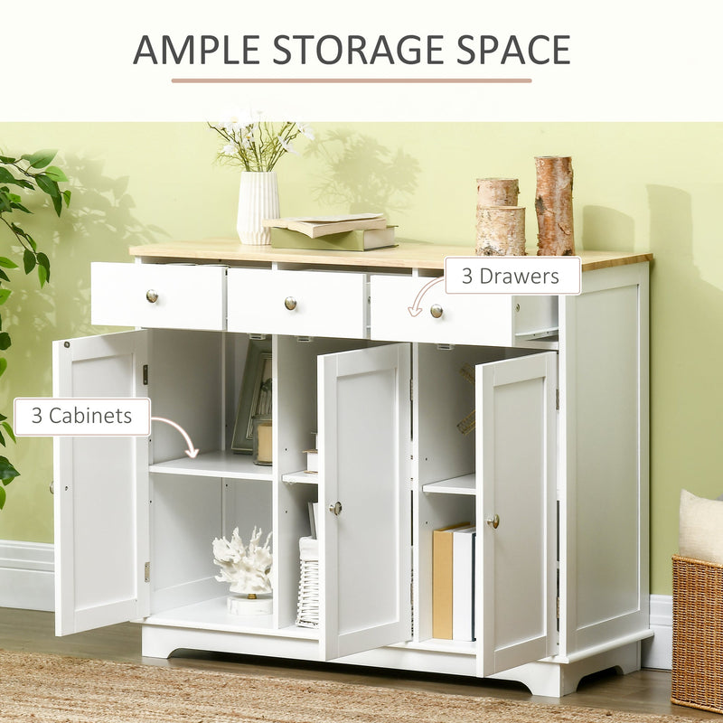Modern Rubberwood-Topped Sideboard - Buffet Cabinet with Drawers and Adjustable Storage Shelves - Ideal for Living Room and Kitchen Organization