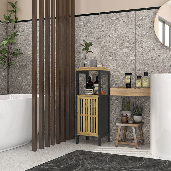 Slim Bamboo Bathroom Cabinet - Space-Saving Storage with Open Compartment and Adjustable Shelf - Ideal for Small Bathrooms and Tight Spaces
