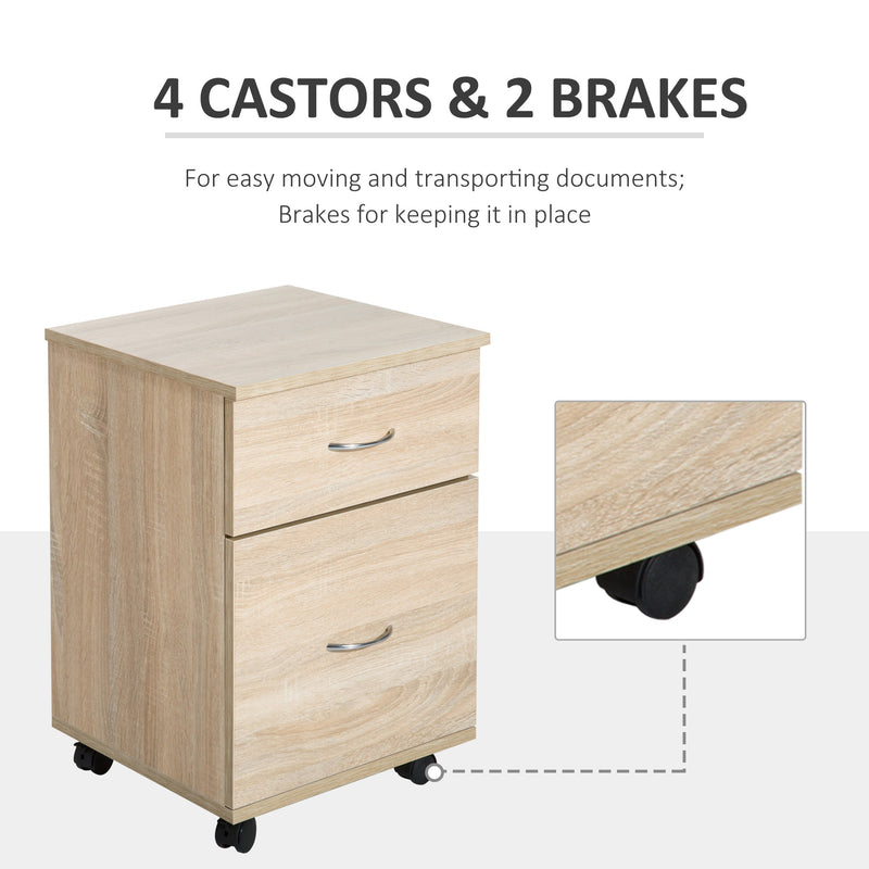 Oak Rolling File Cabinet Cupboard - 2-Drawer Table Storage Unit with Wheels - Mobile Bedside Organizer for Home Office Use