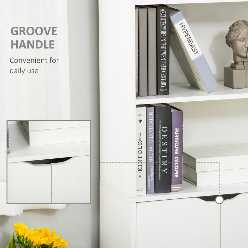 Modern White 2-Door Tall Bookcase with 4 Shelves - Contemporary Storage Cupboard and Display Unit for Living Room, Study, and Bedroom - Ideal Organizational Furniture for Home or Office