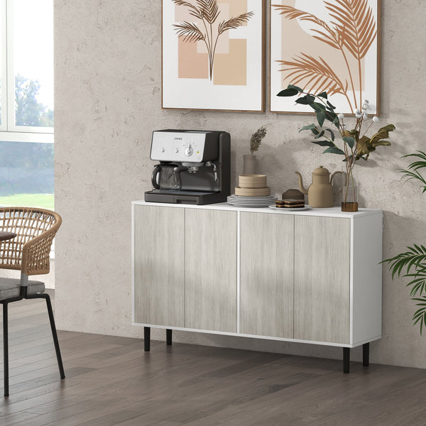 Adjustable Shelved Kitchen Sideboard - 4-Door Living Room Storage Cabinet with Pine Legs - Elegant White Organizer for Home Spaces