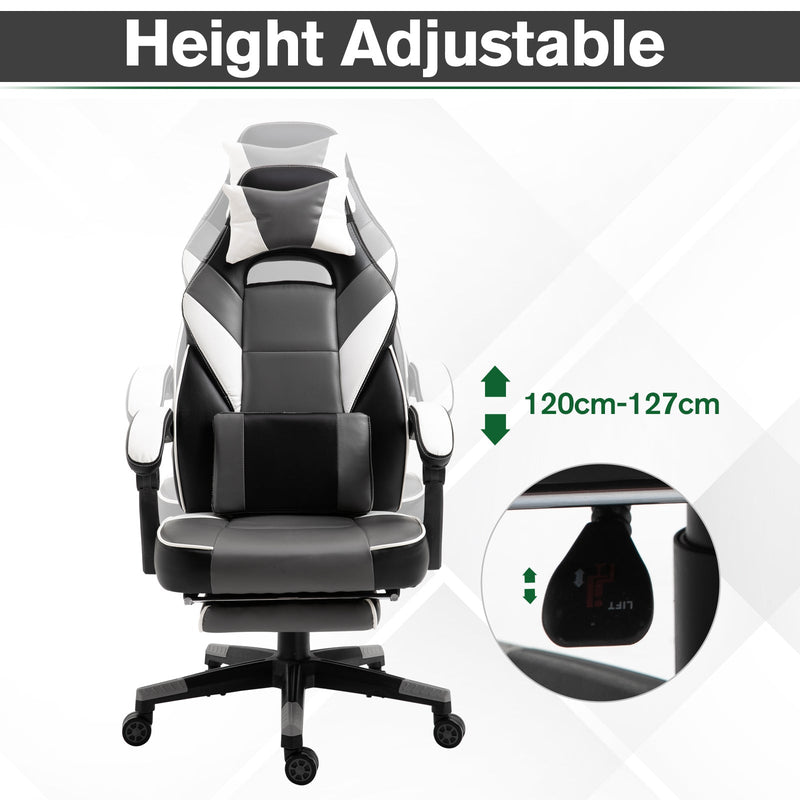 Ergonomic Gaming Chair with Footrest and Lumbar Support - Thick Padding, Headrest, 5 Smooth-Rolling Wheels, Reclining Backrest - Adjustable Height for Comfortable Gaming & Home Office Use, Grey