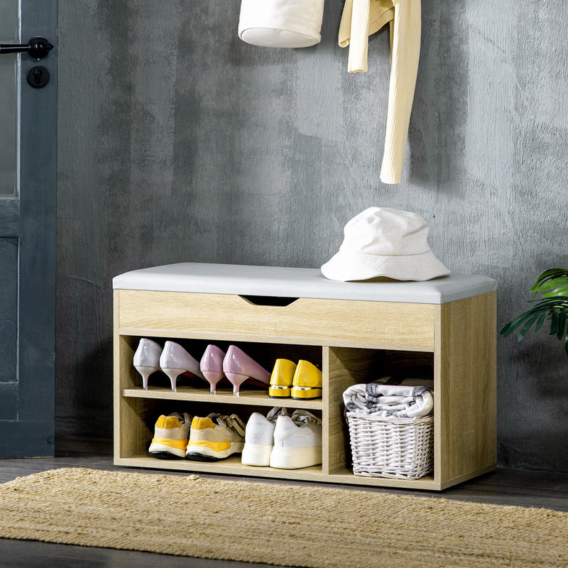 Shoe Cabinet Bench with Hidden Storage - Padded Seating Organizer and Footwear Rack in Oak Tone - Stylish Hallway Space Saver