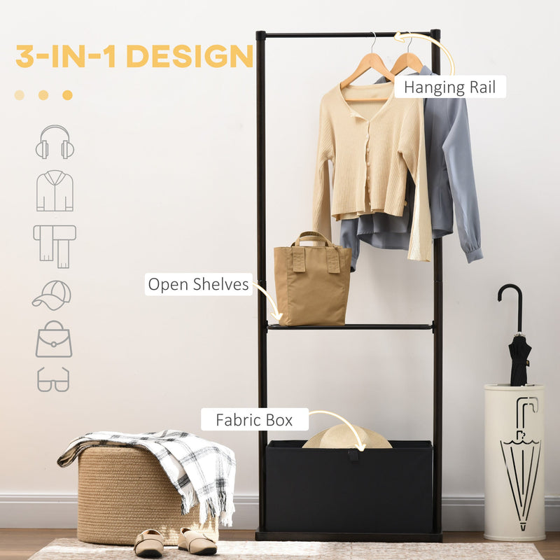 Bamboo Clothes Rail with Coat Stand - Garment Rack with Open Shelves & Storage Box, Dark Walnut - Ideal for Bedroom & Hallway Organization