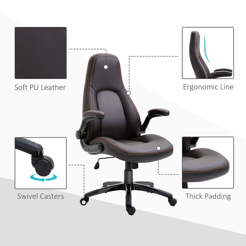 PU Leather Swivel Office Chair with Adjustable Height - Ergonomic Desk Chair with Flip-Up Armrests & Tilt Mechanism - Comfortable Seating for Home Office and Desk Work in Dark Brown