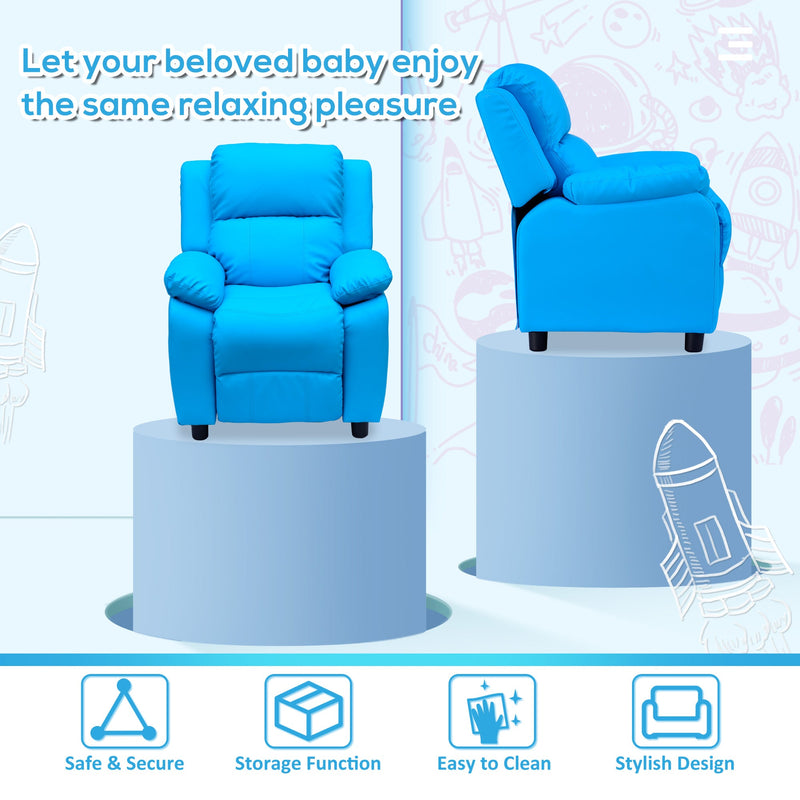 Kids Recliner with Armrest Storage - Blue PU Leather Look Lounger for Children - Comfy Gaming Chair Sofa Seat for Playroom and Relaxation