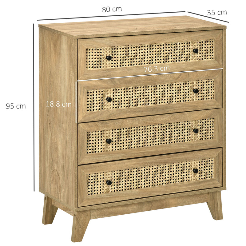 4-Drawer Rattan Storage Cabinet - Wooden Finish, Bedroom & Living Room Organizer, 80x35x95cm - Stylish Decluttering Solution