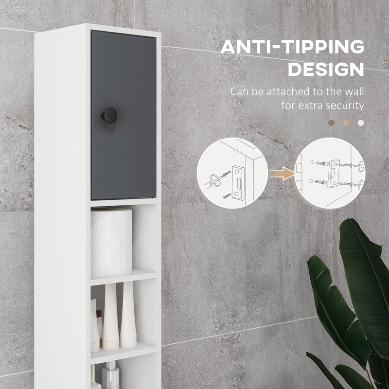 Tall Slim Bathroom Cabinet 180cm - Narrow Storage Unit with Open Shelves & Dual Door Cabinets, Adjustable Shelving - Ideal for Kitchen, Hallway, Living Room Organization in Grey