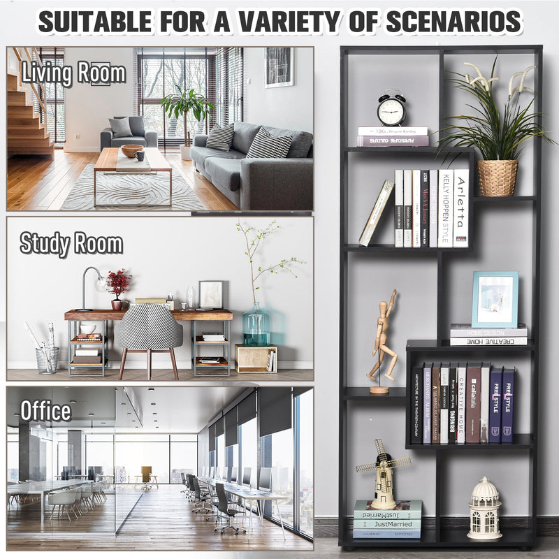 Freestanding 8-Tier Bookcase with Melamine Surface - Modern Black Home Display Storage Unit with Anti-Tipping Foot Pads - Ideal for Organized Book Lovers and Display Enthusiasts
