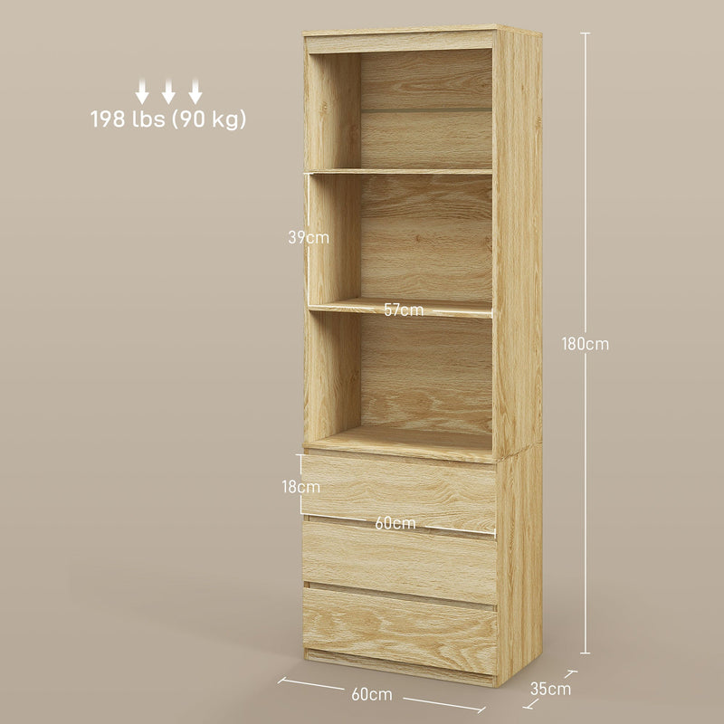 180cm Oak Wood Effect Bookcase - Free Standing Bookshelf with 3 Shelves & 3 Drawers, Display Cabinet - Versatile Storage for Living Room, Home Office, Bedroom