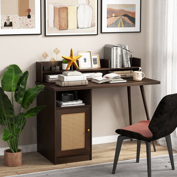 Mid Century Desk - Computer Desk with Hutch, PE Rattan Cabinet and Walnut Shelves - Ideal for Home Offices, Solving Space Management Issues