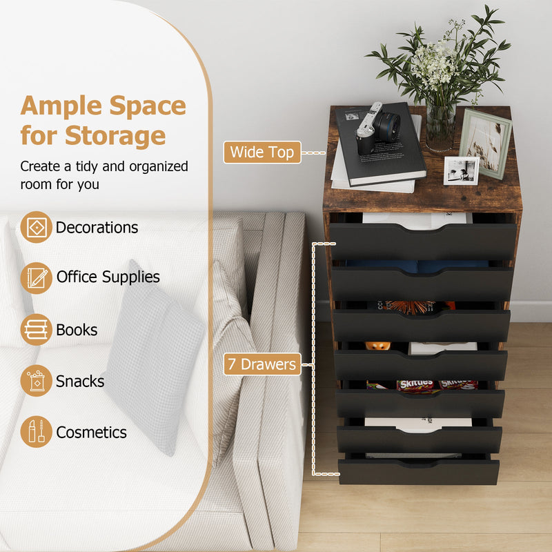 Mobile File Cabinet Model 7D - Wheeled Storage Solution with Seven Drawers in Sleek Black - Ideal for Organized Document Management in Office Spaces