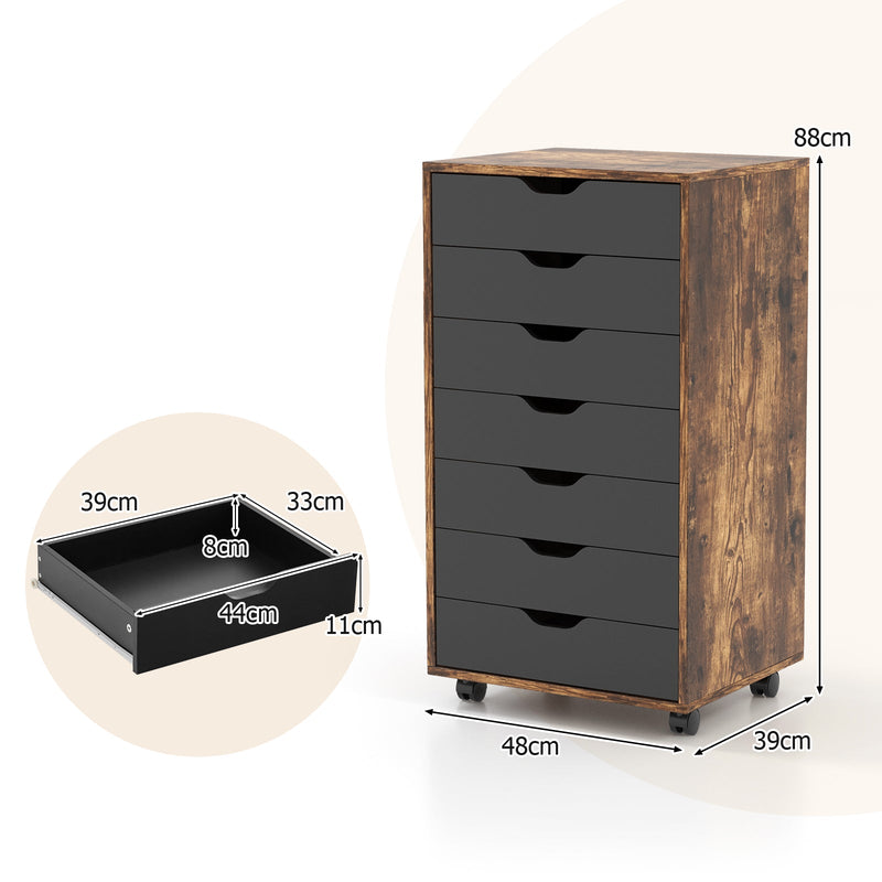 Mobile File Cabinet Model 7D - Wheeled Storage Solution with Seven Drawers in Sleek Black - Ideal for Organized Document Management in Office Spaces