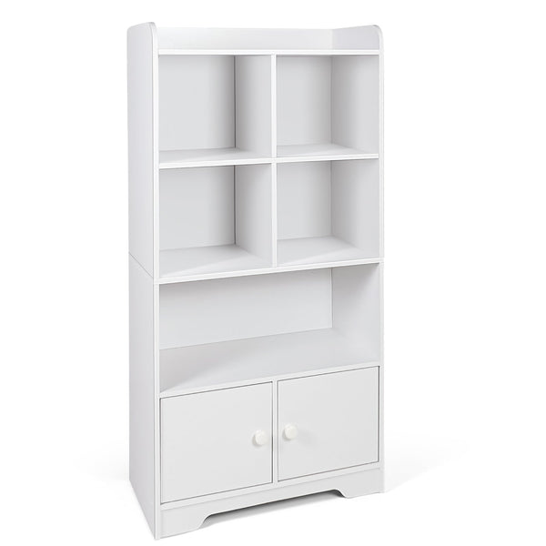 Modern 4-Tier Bookcase - 4 Cube Shelves and 2-Door White Cabinet - Ideal For Organizing and Displaying Books or Décor