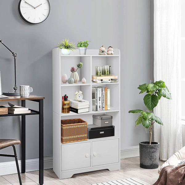 Modern 4-Tier Bookcase - 4 Cube Shelves and 2-Door White Cabinet - Ideal For Organizing and Displaying Books or Décor