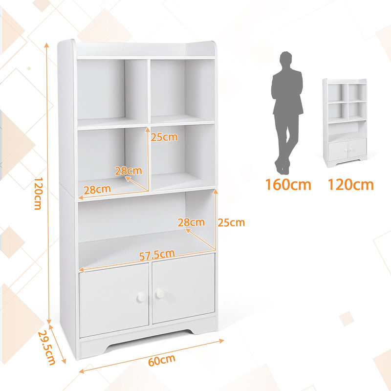 Modern 4-Tier Bookcase - 4 Cube Shelves and 2-Door White Cabinet - Ideal For Organizing and Displaying Books or Décor