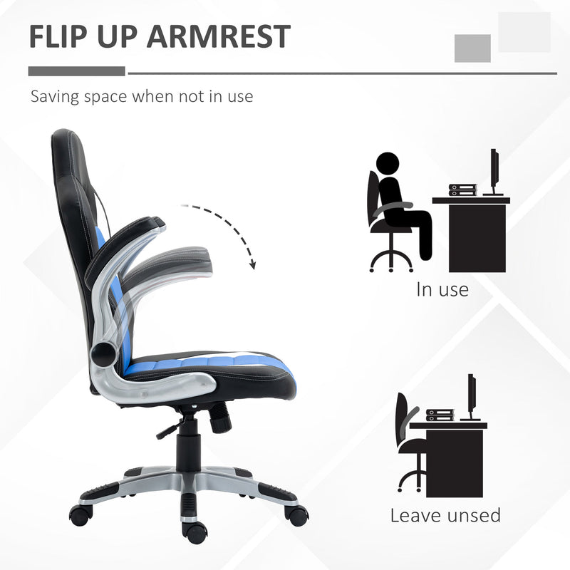 Ergonomic Racing Style Gaming Chair - PU Leather, Height Adjustable, Swivel, Tilt, Flip-Up Armrests in Blue - Comfortable Desk Chair for Gamers and Professionals