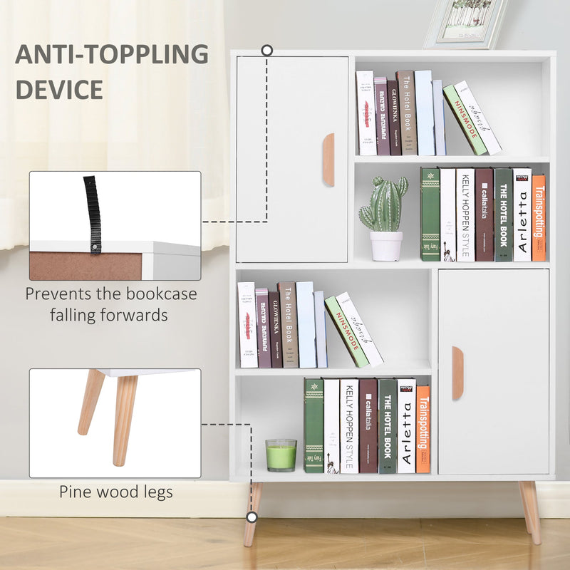 Modern White Sideboard Bookshelf - Free Standing Wooden Bookcase with Storage Shelves and Cabinets - Elegant Display Unit with Dual Doors for Living Room or Office Organization