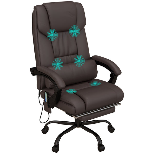 Ergonomic PU Leather Reclining Office Chair with Massage Function - 6-Point Massage, Swivel Wheels, Integrated Footrest, Remote Control - Ideal for Stress Relief and Office Comfort, Brown