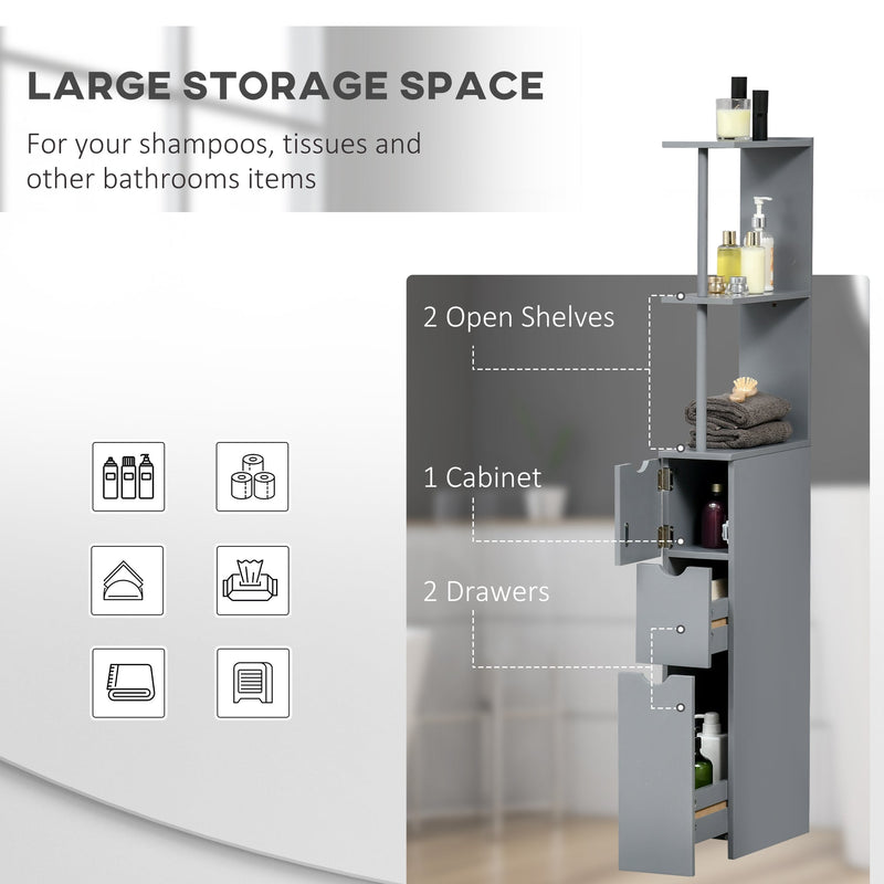 Freestanding Tall Bathroom Cabinet with 2-Tier Shelf and Drawers - Narrow Grey Cupboard Storage Unit - Space-Saving Organizer for Restroom or Laundry Room
