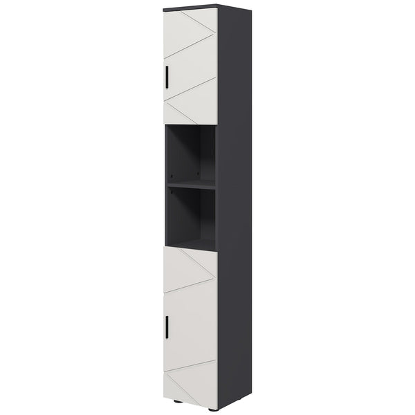 Tall 183cm Bathroom Storage Unit - Narrow Cabinet with Open Shelving and 2 Door Compartments, Adjustable Interior Shelves in Grey - Space-Saving Organizer for Bath Essentials & Linens