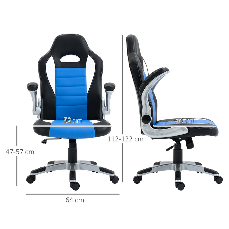 Ergonomic Racing Style Gaming Chair - PU Leather, Height Adjustable, Swivel, Tilt, Flip-Up Armrests in Blue - Comfortable Desk Chair for Gamers and Professionals