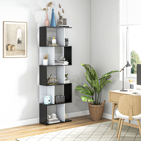 5-Tier S-Shaped Bookcase - Modern Storage & Display Shelving Unit, Divider in Black - Ideal for Organizing Books, Decor in Living Room or Office