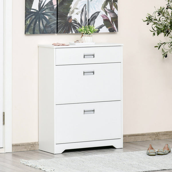Slim White Tipping Shoe Cabinet - Entryway Storage Rack with Pull-Down Doors & Drawer, Adjustable Shelf - Space-Saving Organizer for Hallways and Small Areas