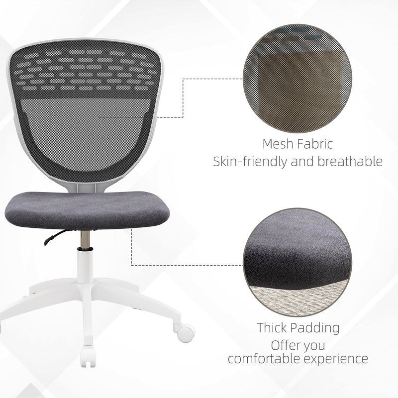 Mesh Office Chair - Armless, Height Adjustable with Swivel Wheels, Grey - Ideal for Home and Office Comfort