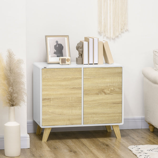 Modern White and Oak Storage Cupboard - Push-to-Open Doors with Adjustable Shelf - Ideal for Living Room, Home Office, or Bedroom Organization