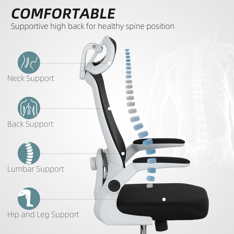 HOMCOM Executive Office Chair, Ergonomic Mesh High Back Desk Chair with Flip-up Armrest, Adjustable Lumbar Support, Rotatable Headrest, Swivel Computer Chair for Home Study, Black