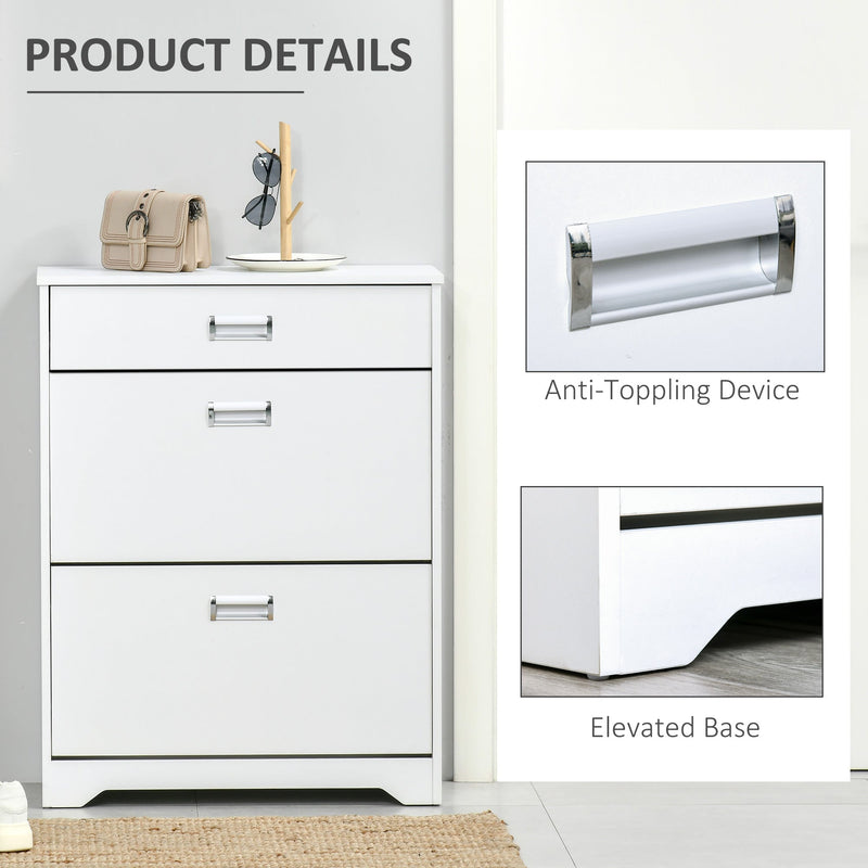 Slim White Tipping Shoe Cabinet - Entryway Storage Rack with Pull-Down Doors & Drawer, Adjustable Shelf - Space-Saving Organizer for Hallways and Small Areas