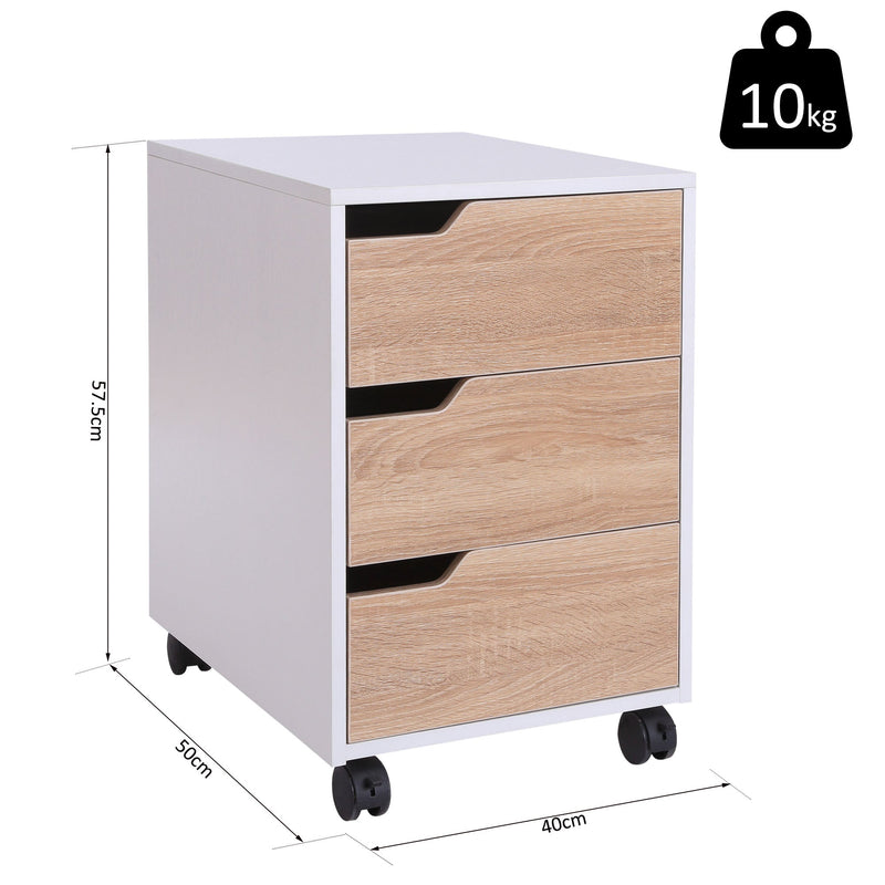 Mobile File Cabinet Pedestal - MDF Construction with 3 Lockable Drawers and Casters - Efficient Office Storage in Oak and White