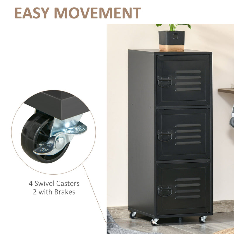 3-Tier Rolling Storage Cabinet - Mobile File Organizer with Wheels and Metal Doors for Home Office or Living Room - Space-Saving Solution for Document and Accessory Storage in Black