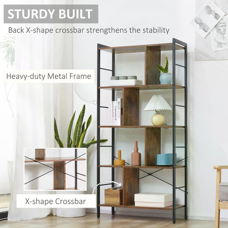 Industrial Storage Shelf - 5-Tier Metal Frame Bookcase & Display Rack in Rustic Brown - Ideal for Living Room, Study & Closet Organization