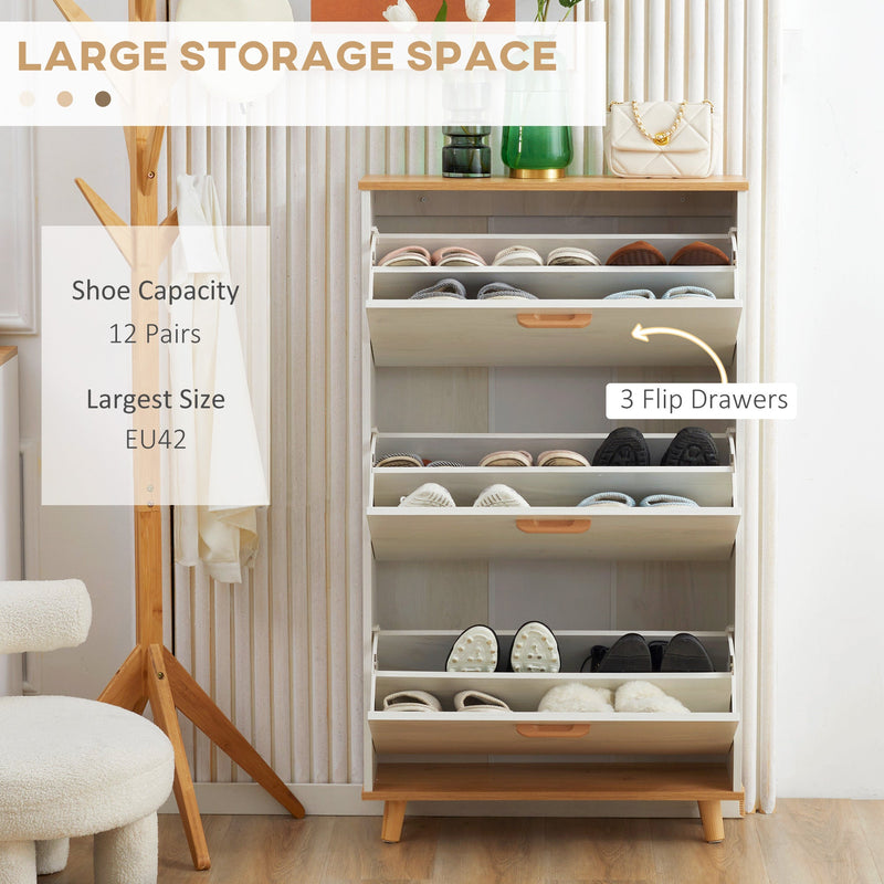 Slim Shoe Storage Cabinet with 3 Flip Drawers - Adjustable Shelves, 12 Pair Capacity - Space-Saving Organizer for Hallway