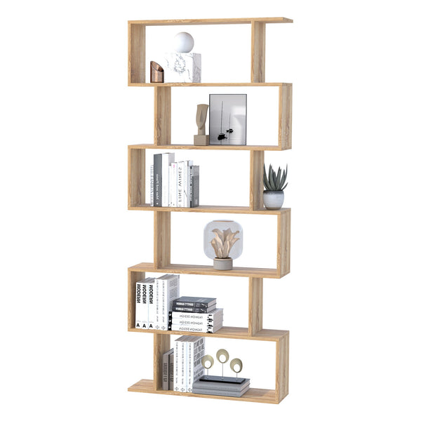 S-Shaped Wooden Bookcase - 6-Tier Storage Display Shelves & Room Divider - Versatile Oak Cabinet for Home and Office Organization