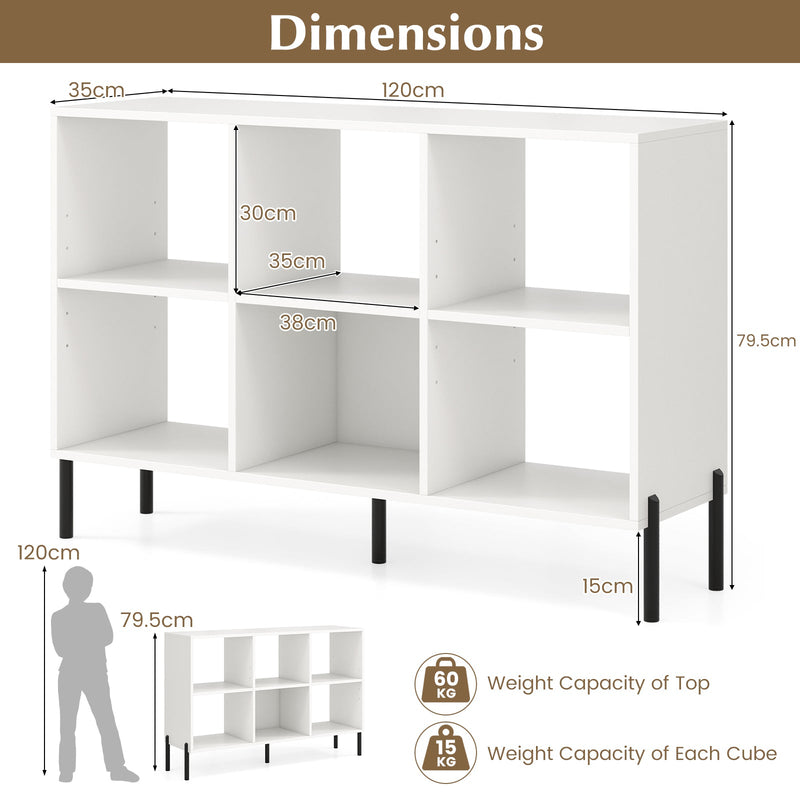 Wooden Storage Bookcase 6-Cube Model - Open Shelving Unit with 5 Black Metal Legs - Ideal for Displaying Books and Solving Storage Problems