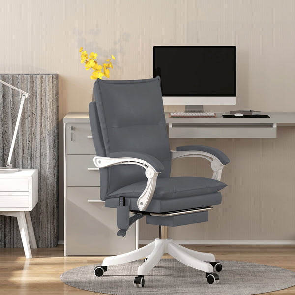 Ergonomic Reclining Office Chair with Vibration Massage and Heat - Faux Leather Desk Chair with Footrest, Armrest, and Plush Double-Tiered Padding, Grey - Comfort for Long Hours at Work