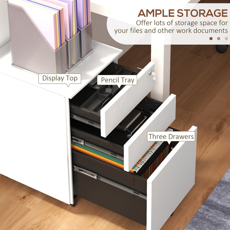 Steel Mobile 3-Drawer File Cabinet with Lock and Pencil Tray - Adjustable Hanging Bar for A4 and Letter Size, Versatile Office Storage Solution - Secure Document Organizer for Professionals and Home Offices