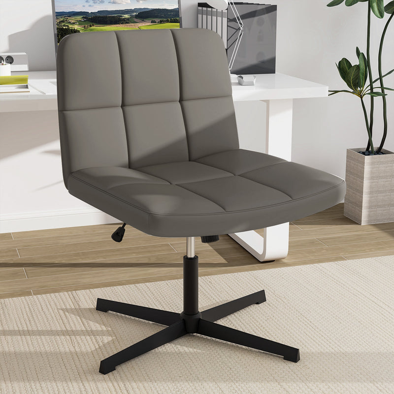 PU Leather Upholstered Armless Cross Legged Office Desk Chair No Wheels-