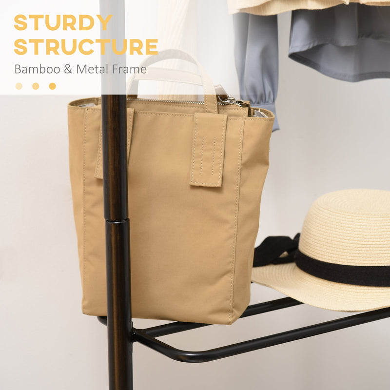 Bamboo Clothes Rail with Coat Stand - Garment Rack with Open Shelves & Storage Box, Dark Walnut - Ideal for Bedroom & Hallway Organization