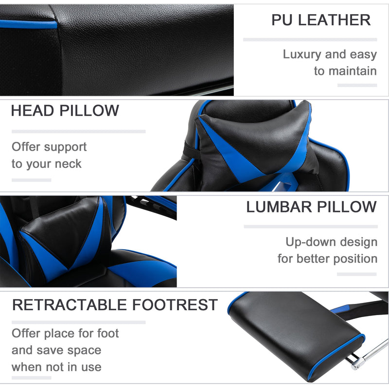 Ergonomic Adjustable Gaming Chair with Retractable Footrest - Racing Style Office Desk Chair with Headrest and Lumbar Support, Rolling Recliner - Comfortable Seating for Gamers and Desk Work