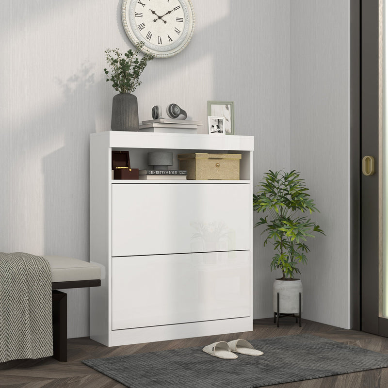Shoe Storage Organizer for 16 Pairs - Modern White Cabinet with Flip Doors - Ideal for Entryway Clutter Control