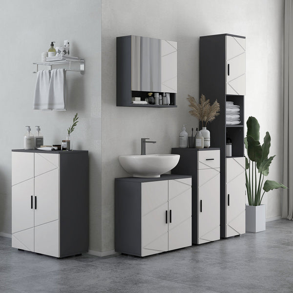 Tall 183cm Bathroom Storage Unit - Narrow Cabinet with Open Shelving and 2 Door Compartments, Adjustable Interior Shelves in Grey - Space-Saving Organizer for Bath Essentials & Linens