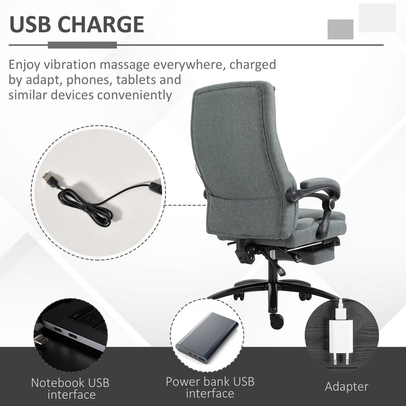 Ergonomic Executive Office Chair with 2-Point Removable Vibration Massage Pillow - USB-Powered Adjustable Height & 360° Swivel, Grey - Ideal for Stress Relief and Comfort in the Workplace
