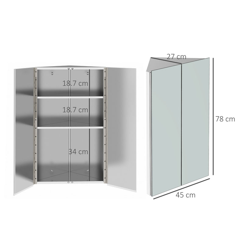 Corner Bathroom Cabinet with Mirrored Door - Wall-Mounted Stainless Steel Organizer with 3 Shelves and 2 Doors - Space-Saving Storage for Home Essentials