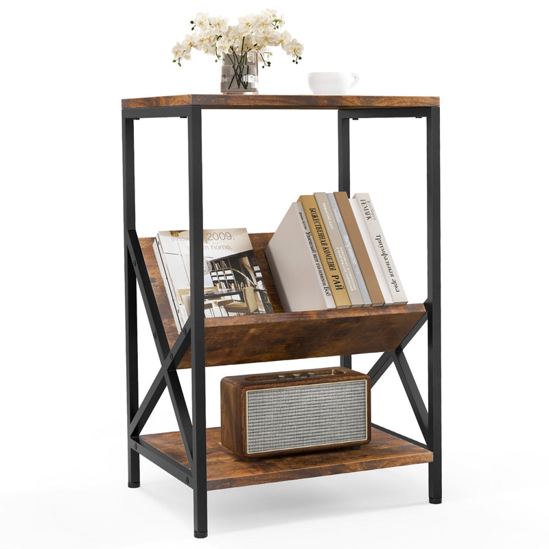 Record Player and Magazine Stand - 3-Tier Design with V-Shaped Holder in Rustic Brown - Ideal for Vinyl Enthusiasts and Magazine Collectors