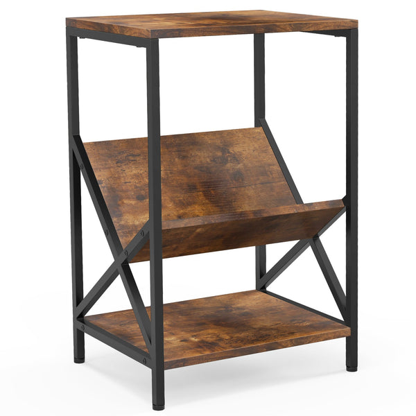 Record Player and Magazine Stand - 3-Tier Design with V-Shaped Holder in Rustic Brown - Ideal for Vinyl Enthusiasts and Magazine Collectors
