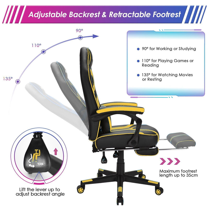Ergonomic Swivel Gaming Chair with Retractable Footrest and Lumbar Support-